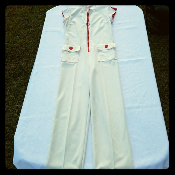 VTG Jumpsuit 1960's White Red Cherry 70's S - Picture 6 of 9